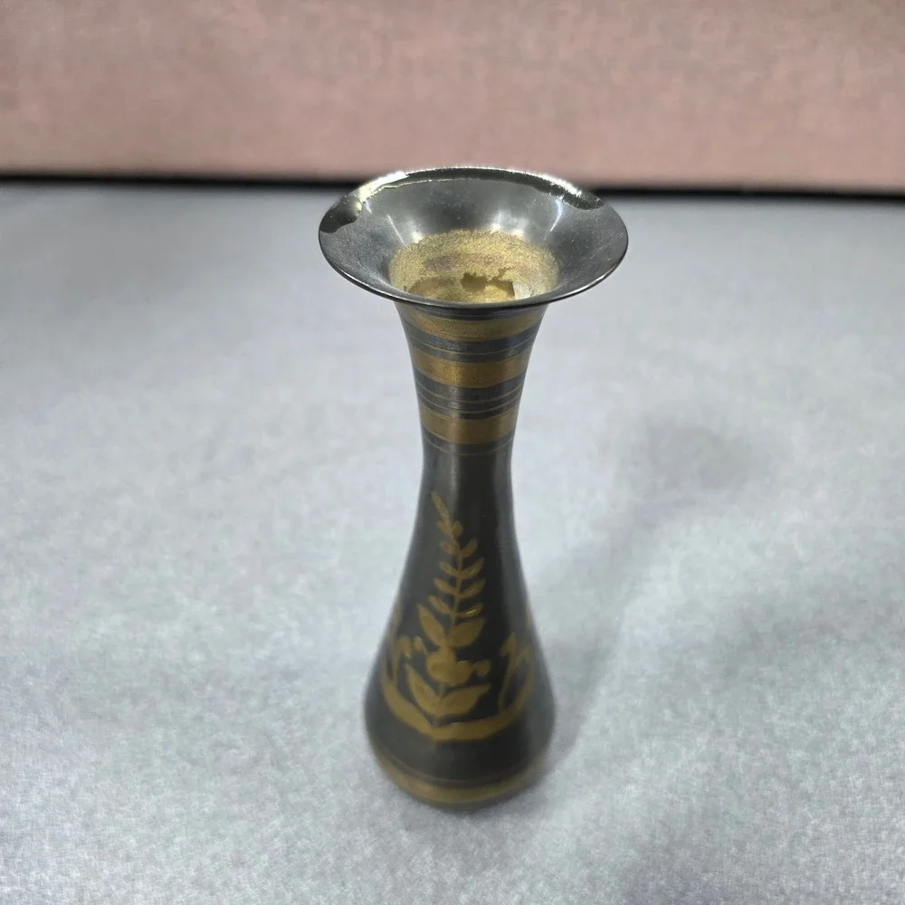 Vintage Brass Bud Vase Home Decor Small Black Etched Floral‎